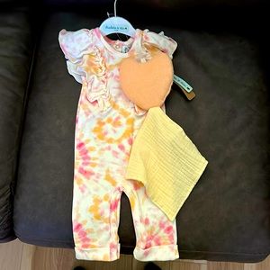 3-6 month tie dye romper with mini blankey